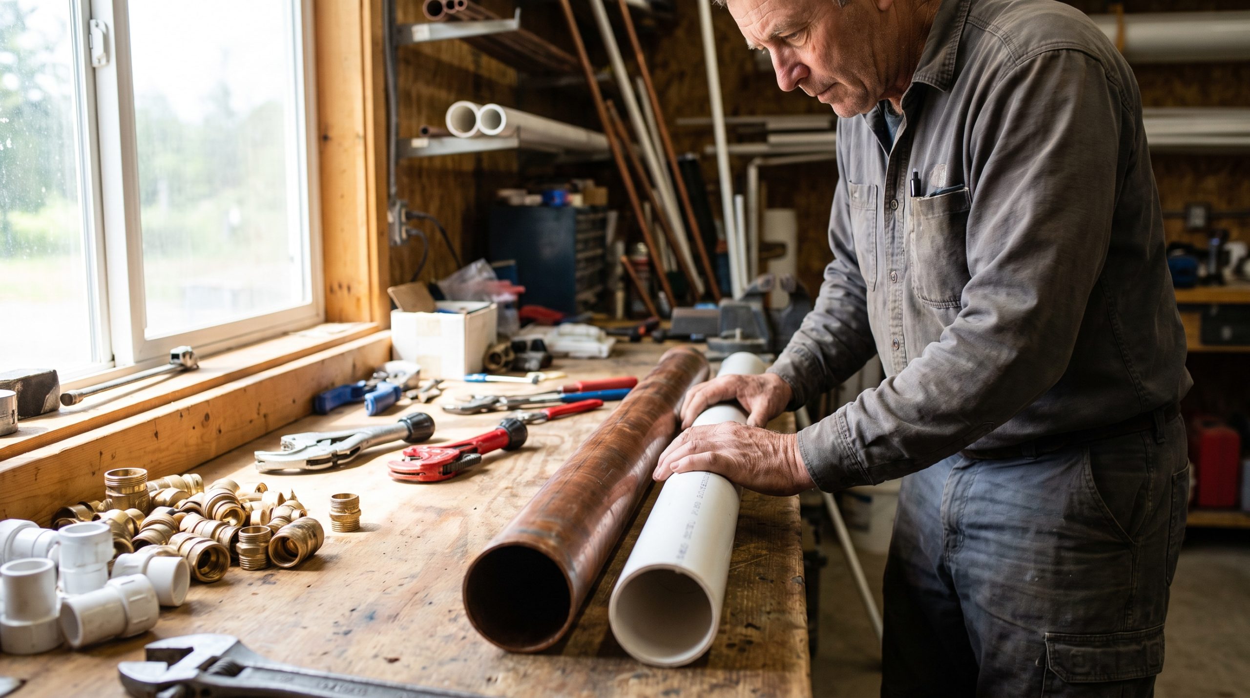 Tesisatçı, kaliteli bakır ve ucuz PVC borular arasındaki farkı inceliyor.